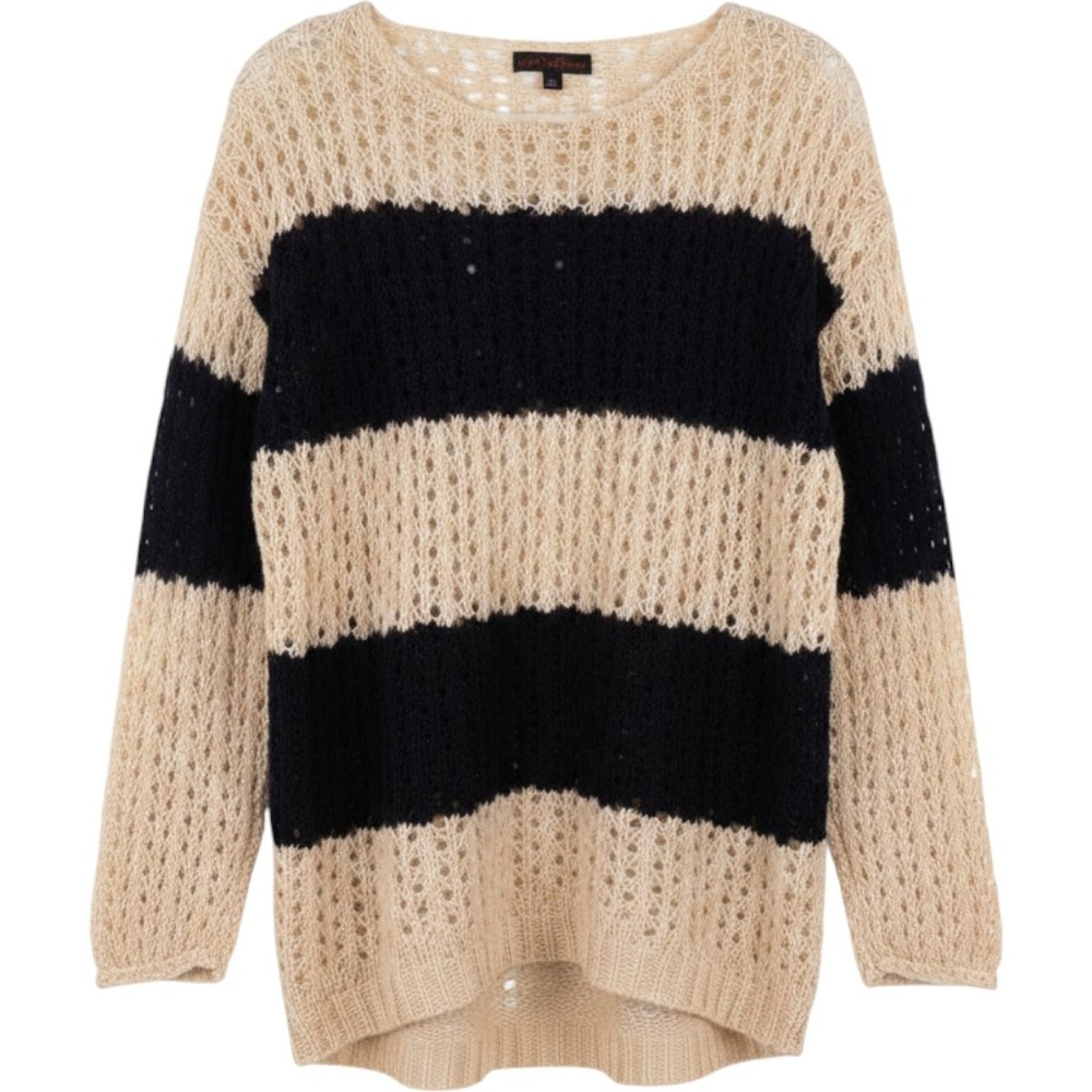 JJ Basics Womens Medium Sweater Cream Navy Striped Open Knit Scoop Neck Grunge